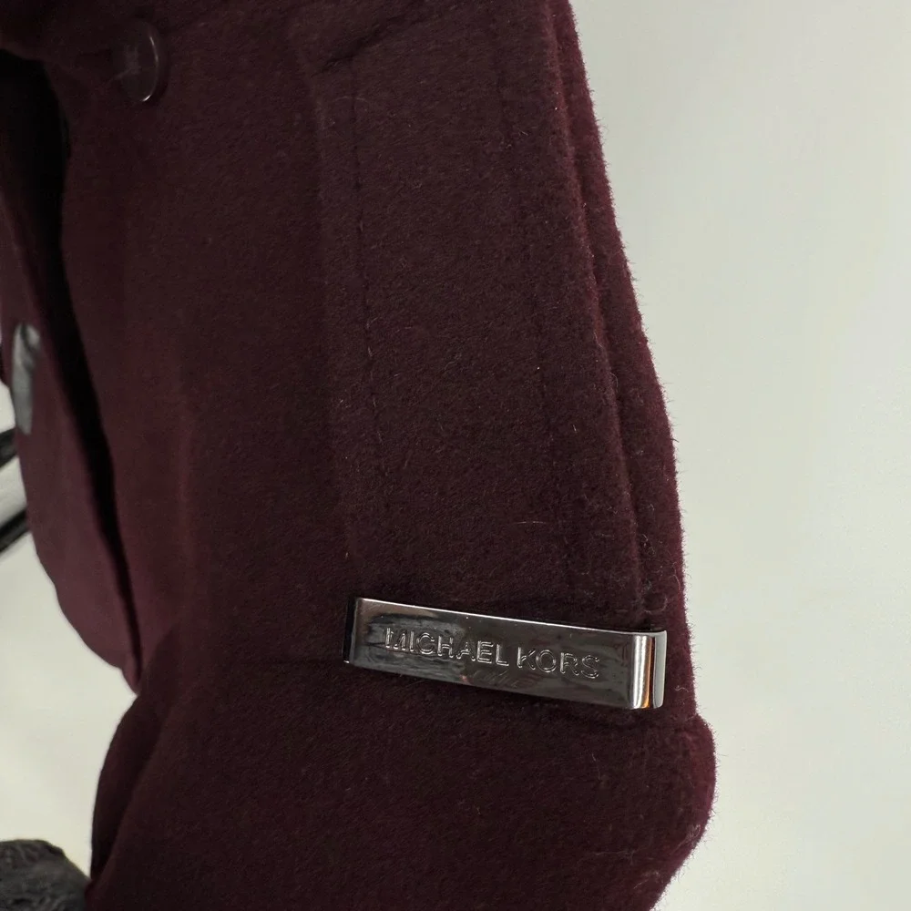 Michael Kors Womens Burgundy Wool Blend Funnel Neck Military Coat Medium RN79675 - Picture 3 of 8